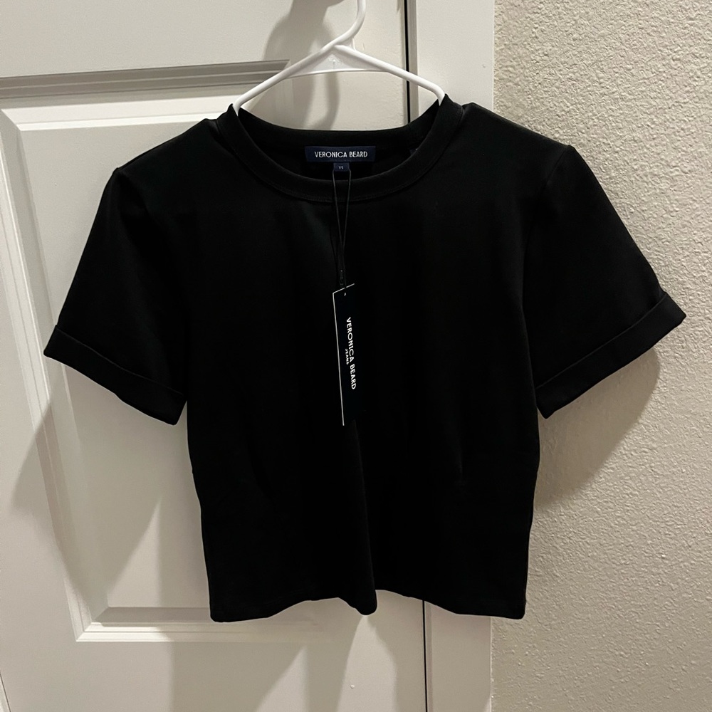 Veronica Beard Ankara Black Short Sleeve pleated waist Tee xs NWT - Picture 2 of 7